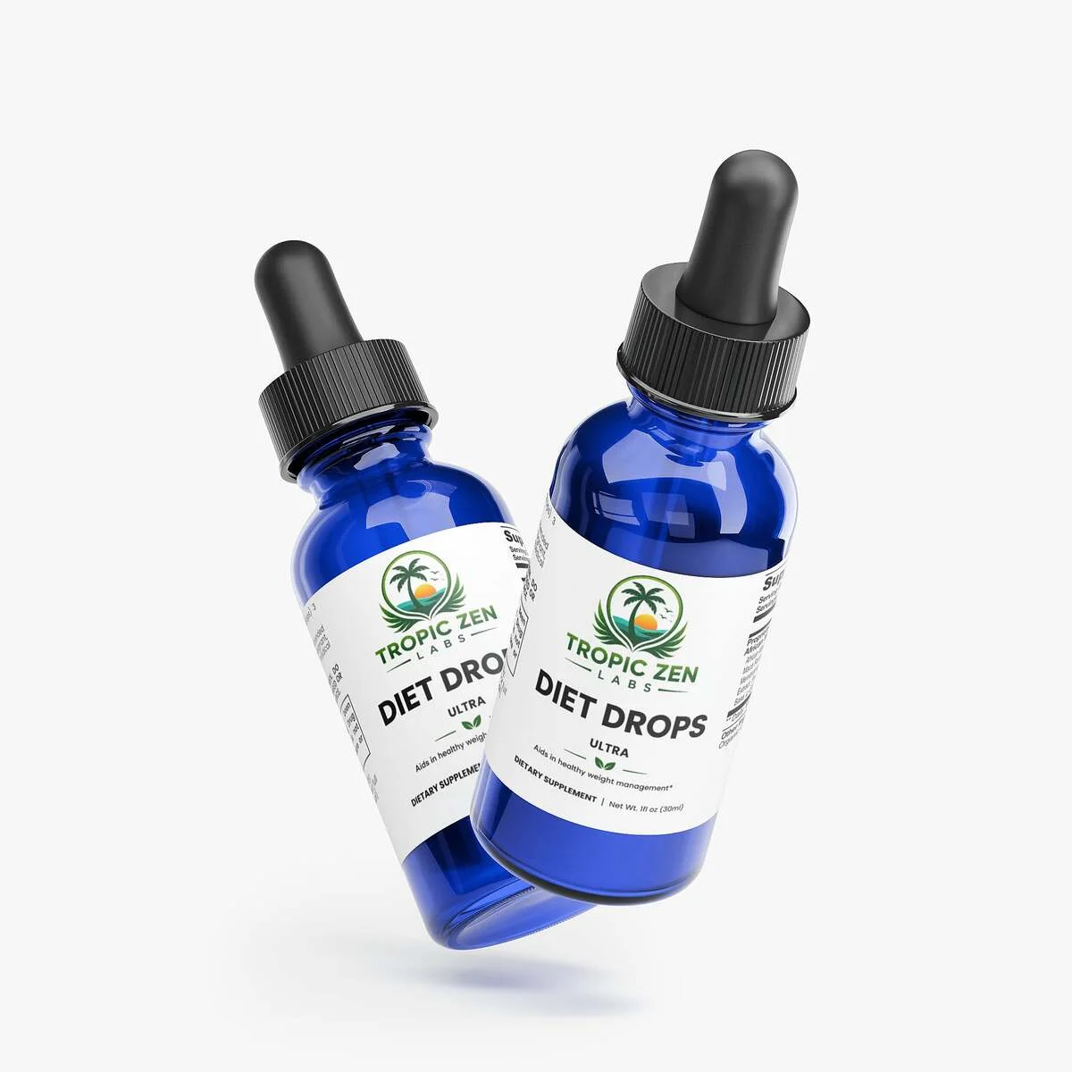 Close up of Diet Drops Ultra 1 oz capsules