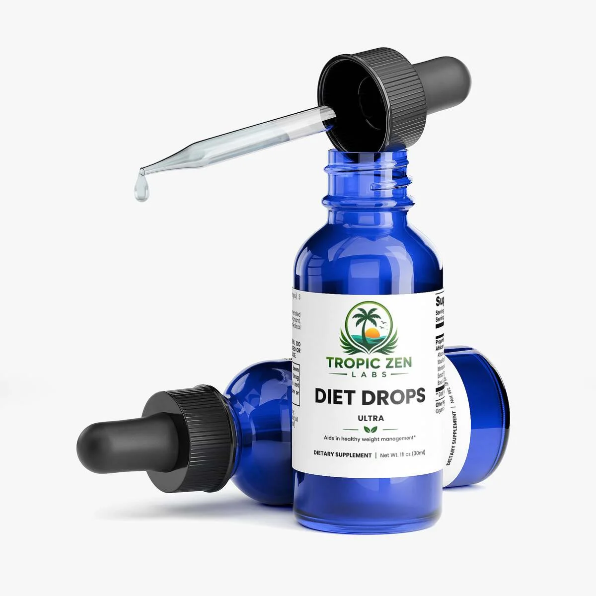 Open bottle of Diet Drops Ultra 1 oz