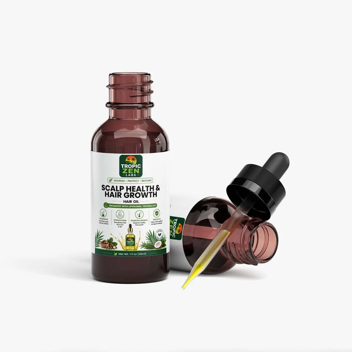 Open bottle of Hair Oil for Scalp Health and Hair Growth