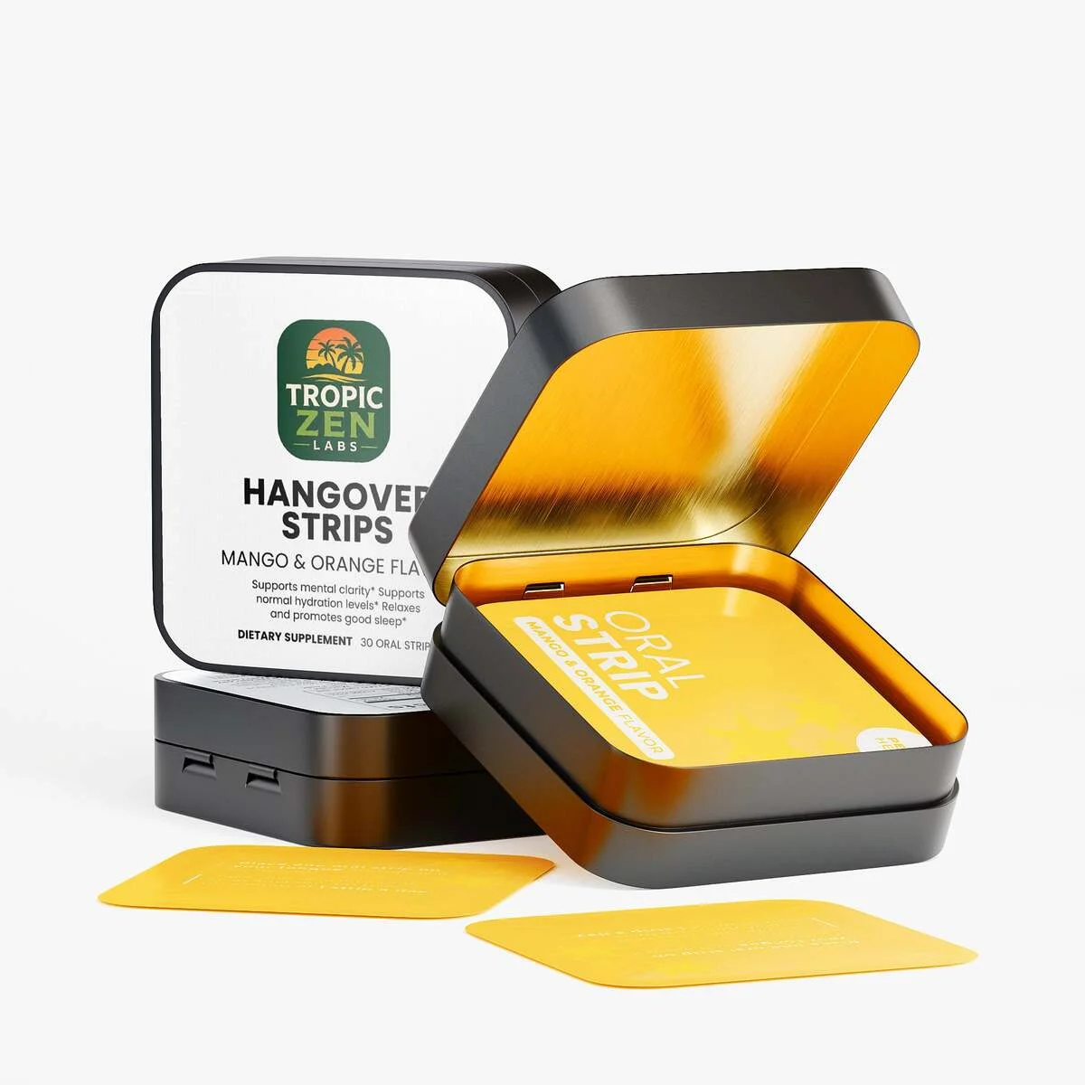 Open bottle of Hangover Strips