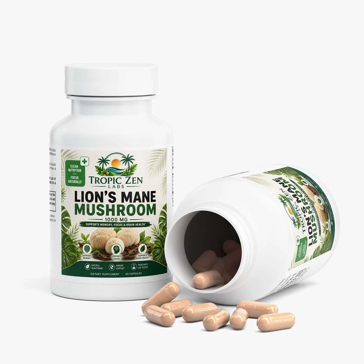 Open bottle of Lion's Mane Mushroom