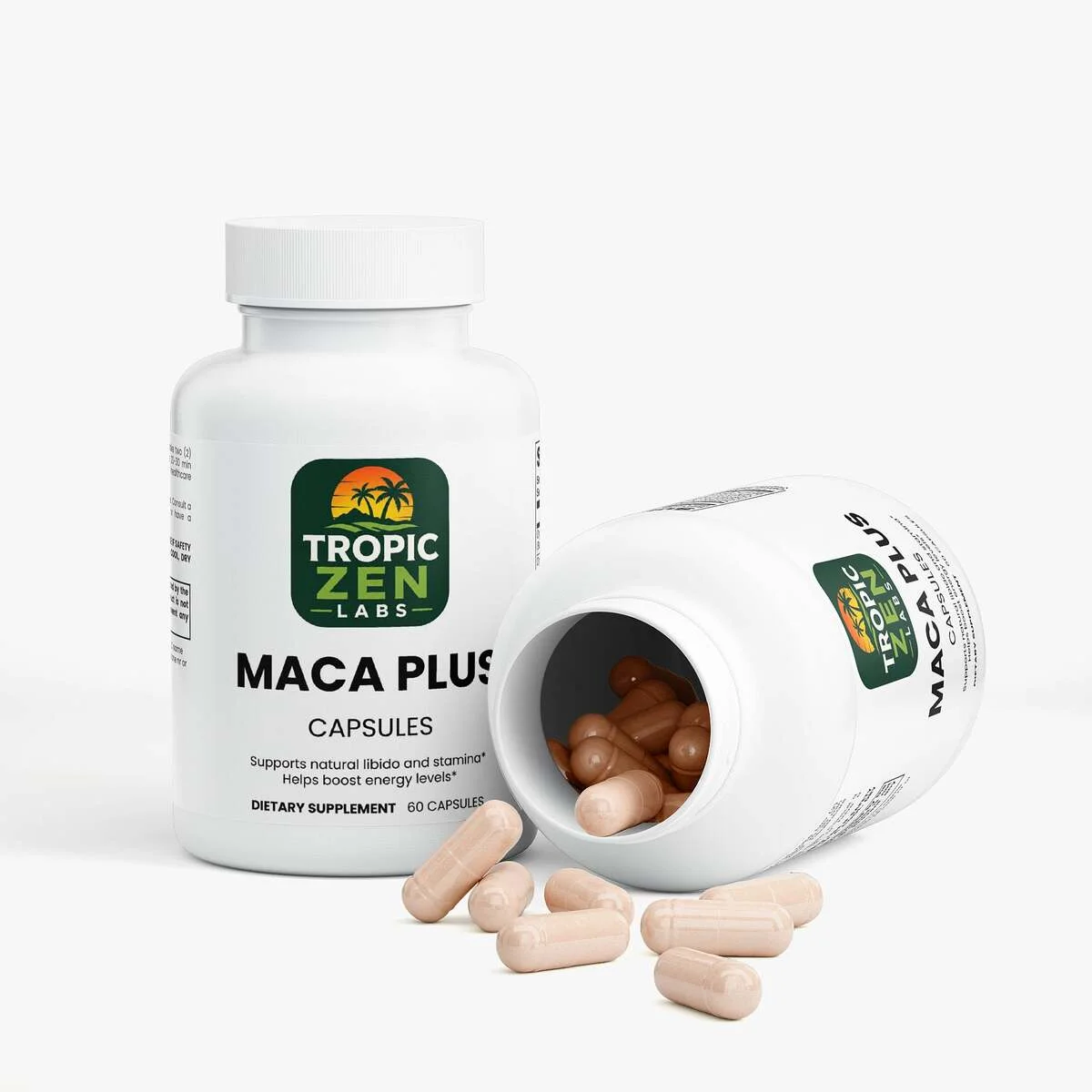 Open bottle of Maca Plus