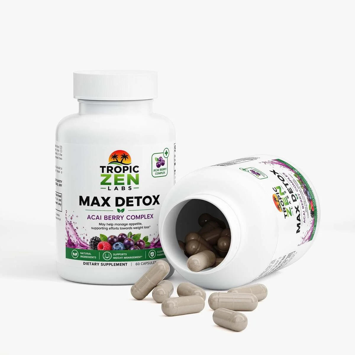 Open bottle of Max Detox (Acai detox)