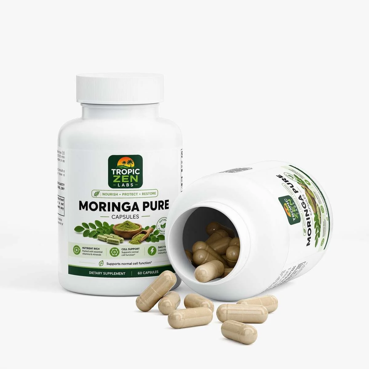 Open bottle of Moringa Pure