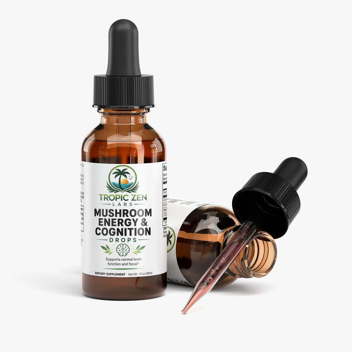 Open bottle of Mushroom Energy & Cognition Drops