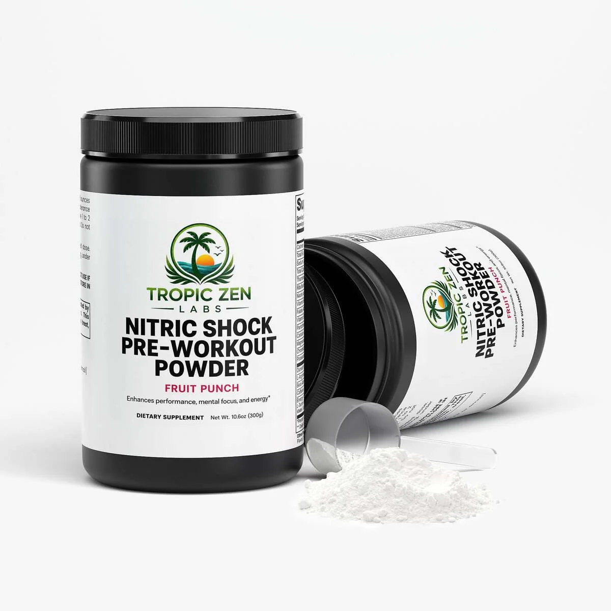 Open bottle of Nitric Shock Pre-Workout Powder (Fruit Punch)