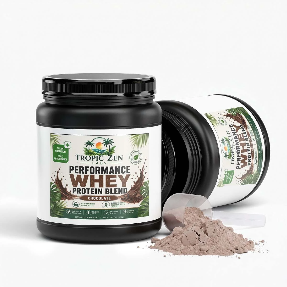 Open bottle of Performance Whey Protein Blend (Chocolate)
