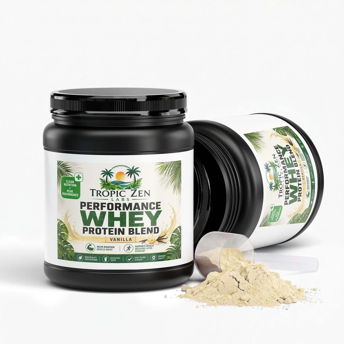 Open bottle of Performance Whey Protein Blend (Vanilla)