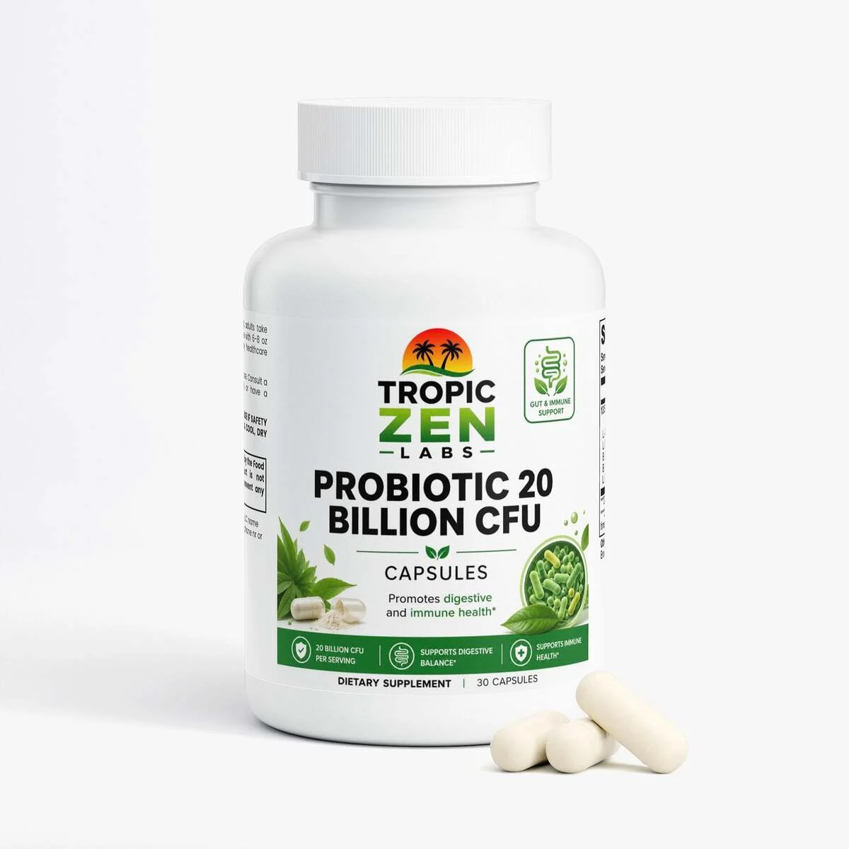 Probiotic 20 Billion supplement bottle by TropicZen Labs