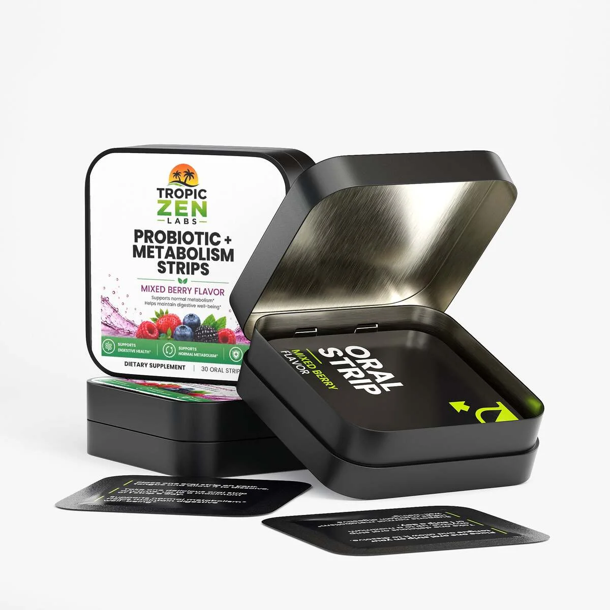 Open bottle of Probiotic + Metabolism Strips